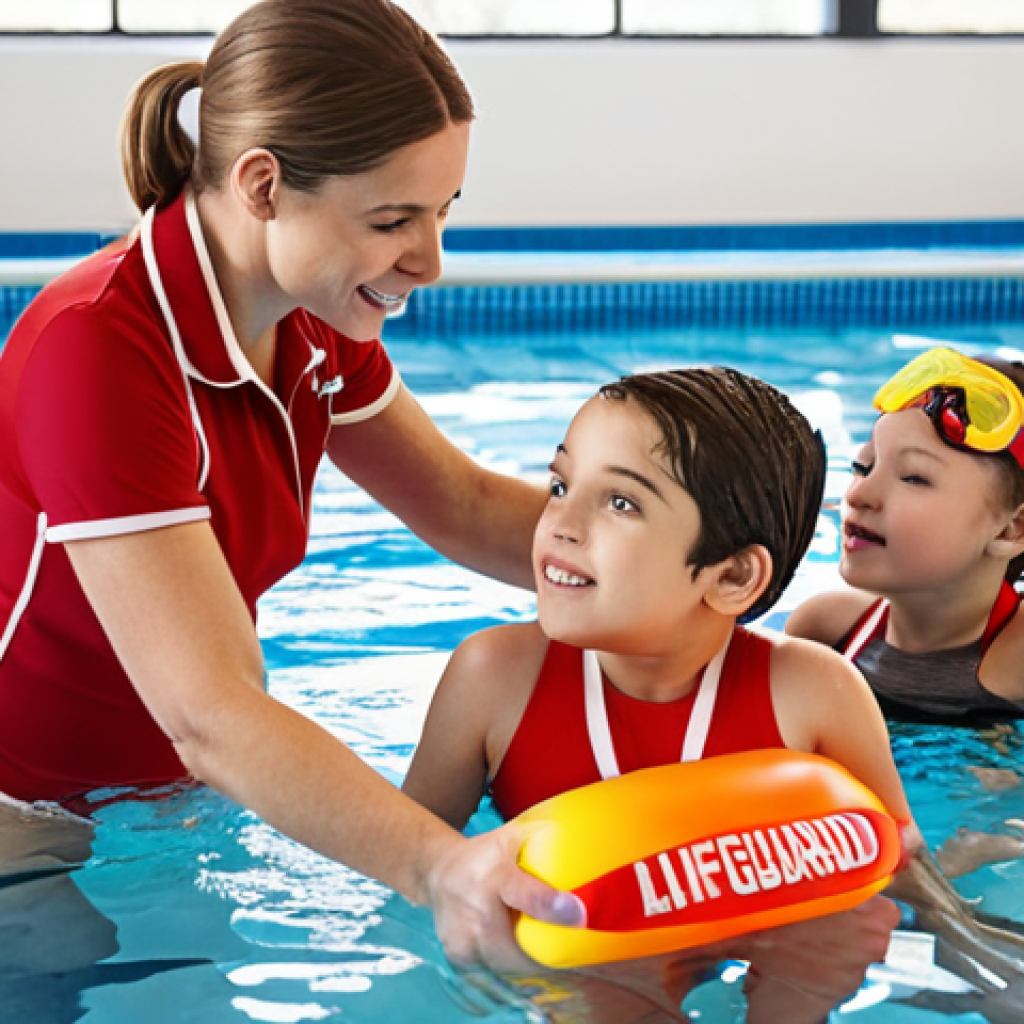 **A patient swimming instructor** demonstrating proper freestyle technique to a group of children in a brightly lit indoor swimming pool. The instructor is wearing a standard lifeguard uniform, and the children are diverse in age and skill level. The overall tone is encouraging and positive.