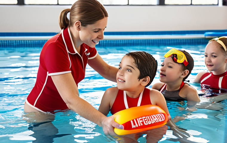 **A patient swimming instructor** demonstrating proper freestyle technique to a group of children in a brightly lit indoor swimming pool. The instructor is wearing a standard lifeguard uniform, and the children are diverse in age and skill level. The overall tone is encouraging and positive.
